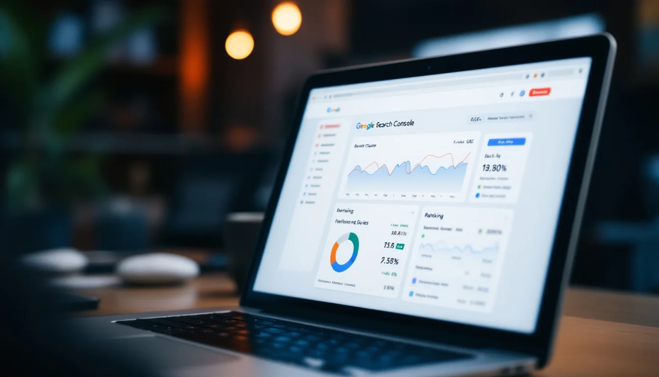 מסך מחשב נישא המציג דשבורד של Google Search Console עם נתוני דירוגים