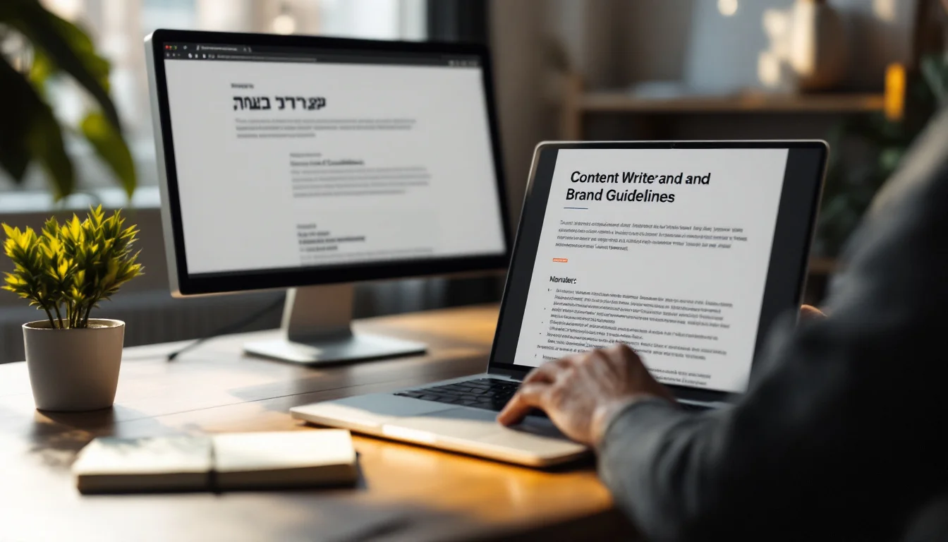 כתיבת תוכן SEO בטון מותג על מחשב נייד בסביבת עבודה מקצועית